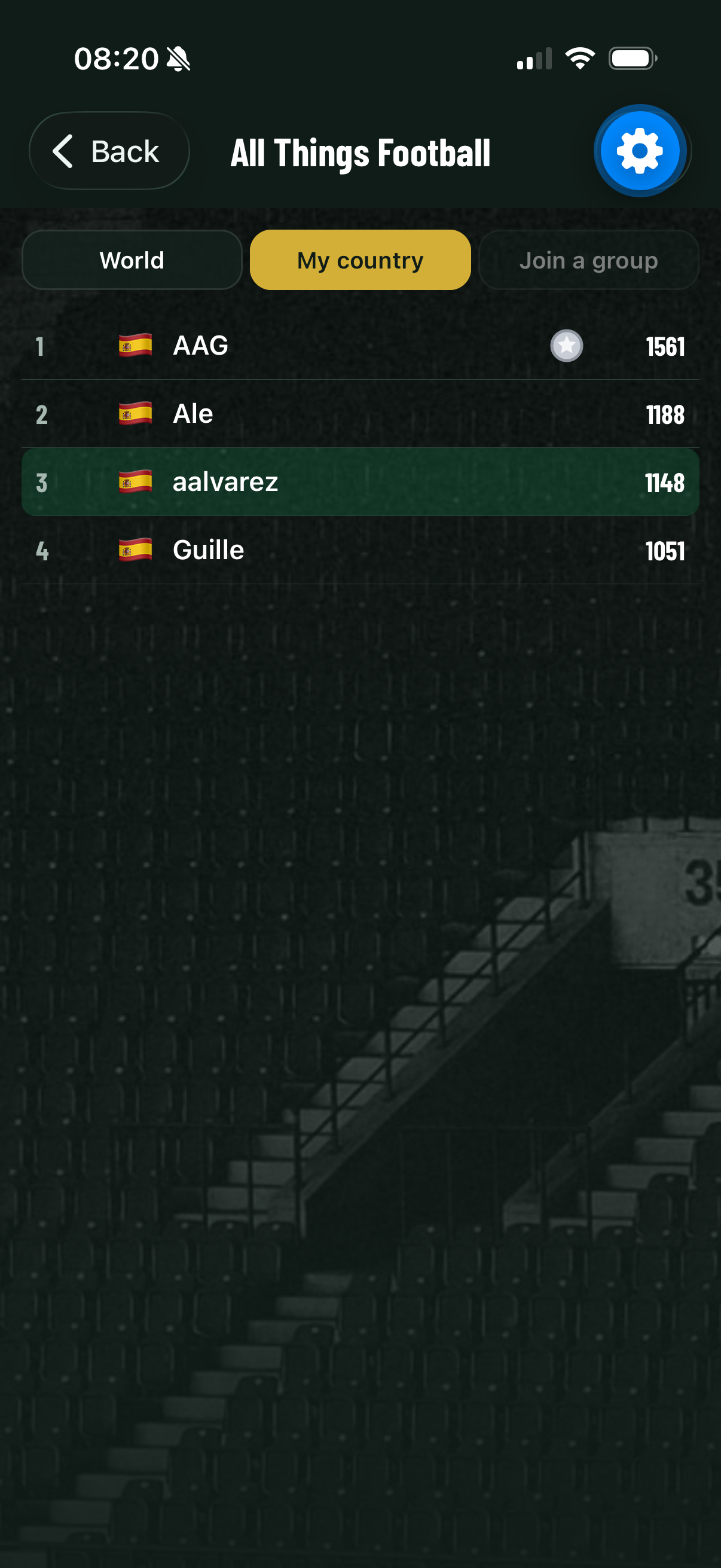 The leaderboard screen in the app